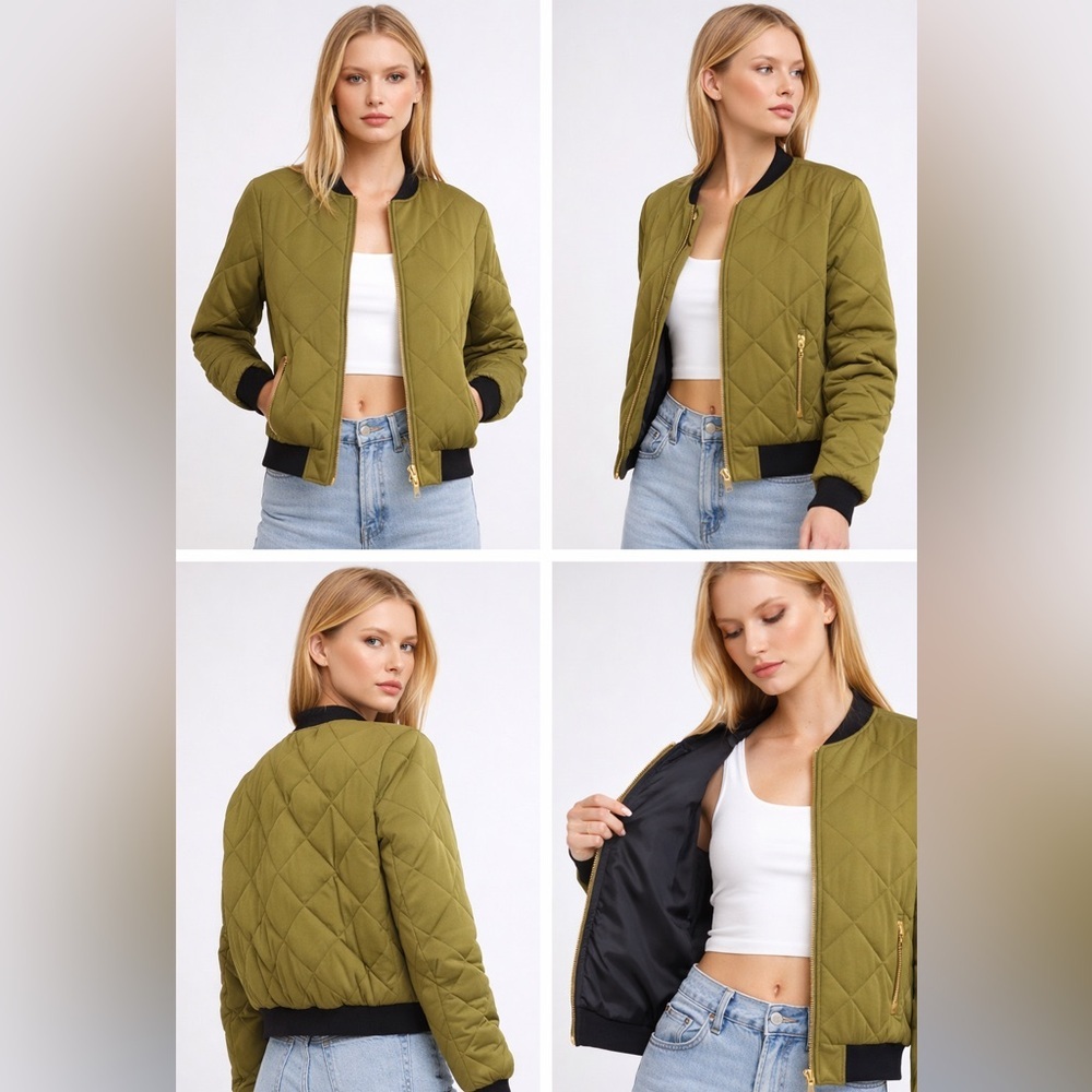 Mistress Rocks Olive Quilted Bomber Jacket Gold Zip Size Small